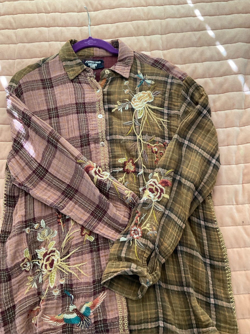 Johnny Was Pink & Olive Plaid Embroidered Button-Down Shirt